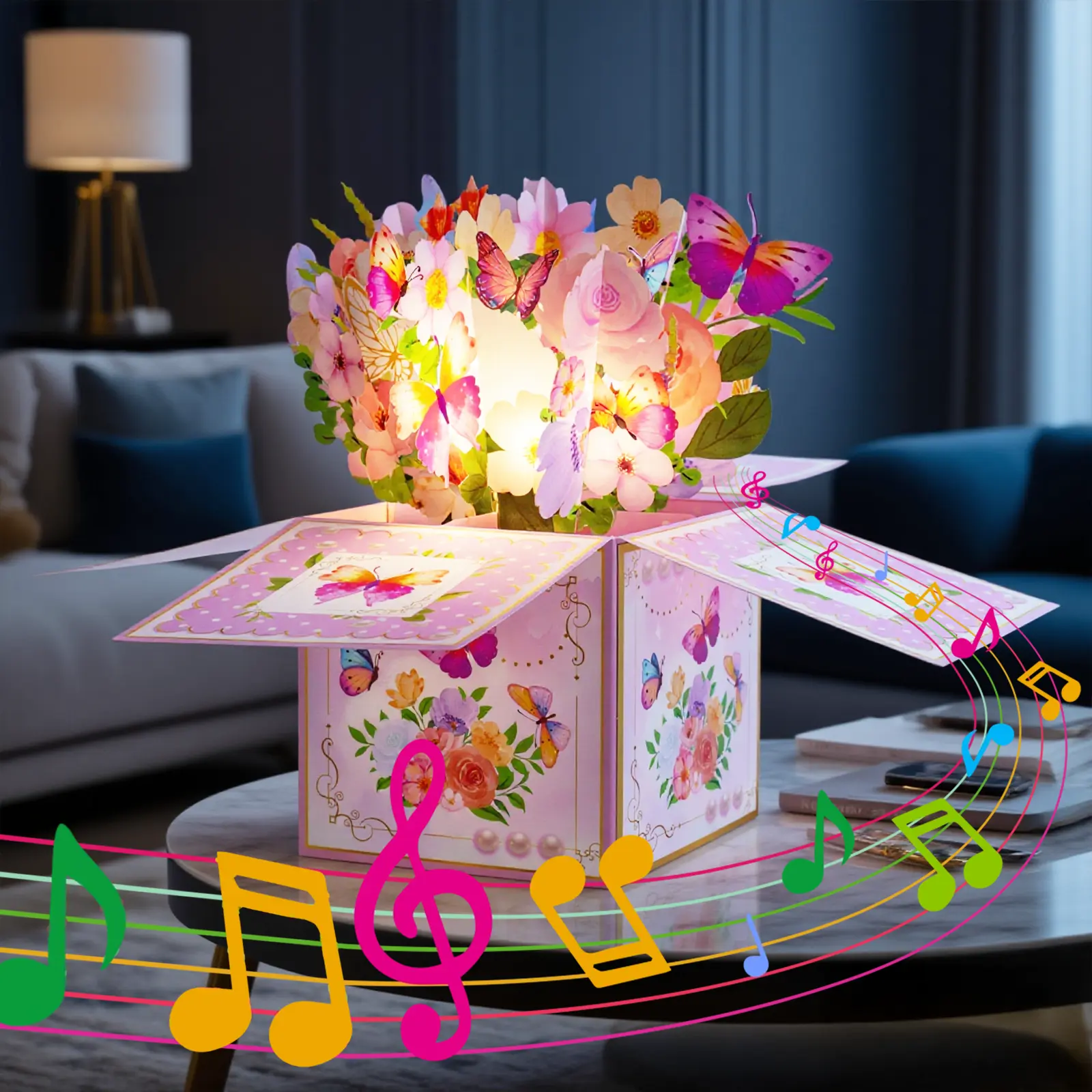 【Musical Card】 Light Up 3D Pop Up Flower Bouquet Card with Melody –  Singing Floral Greeting Card for Birthday, Mother’s Day, Anniversary, Valentine’s Day Gift for Her, Wife & Girlfriend