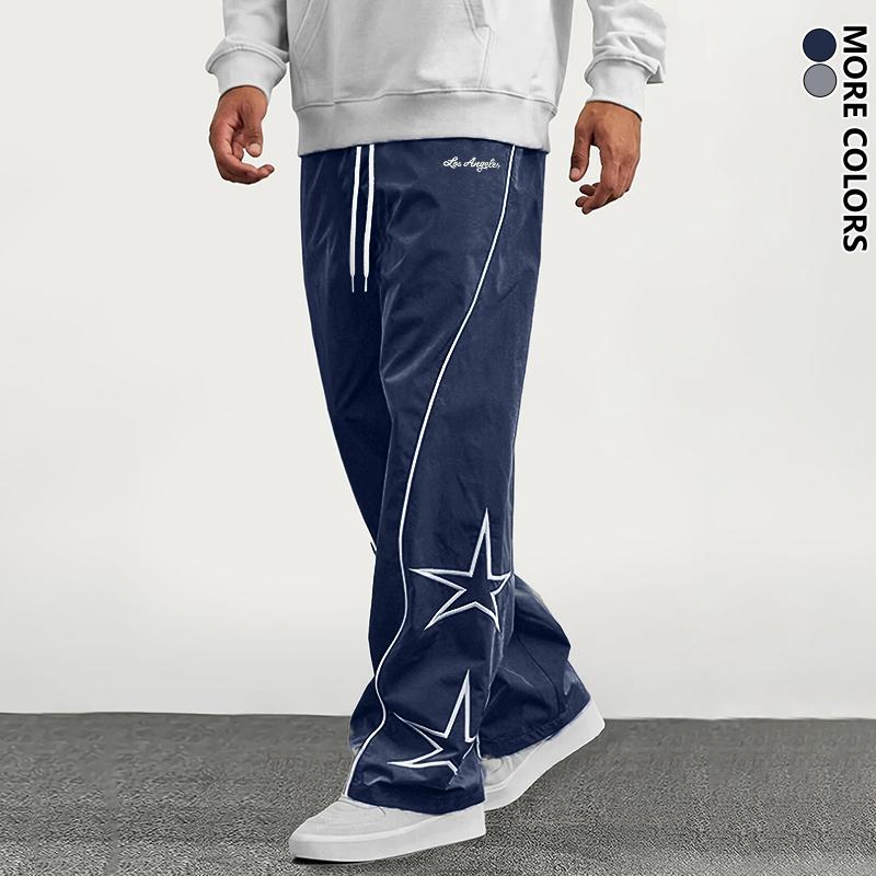 Men's All-Season Loose Tapered Cuff Star-Pattern Embroidered Athletic Pants, Fashion Casual Comfortable Trousers, Polyester Fabric, Trendy Men's Sweatpants