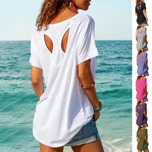 Womens Elegant Trendy Open Back Comfy Loose Fitting Workout Casual Yoga T-Shirt Summer Gym Tee