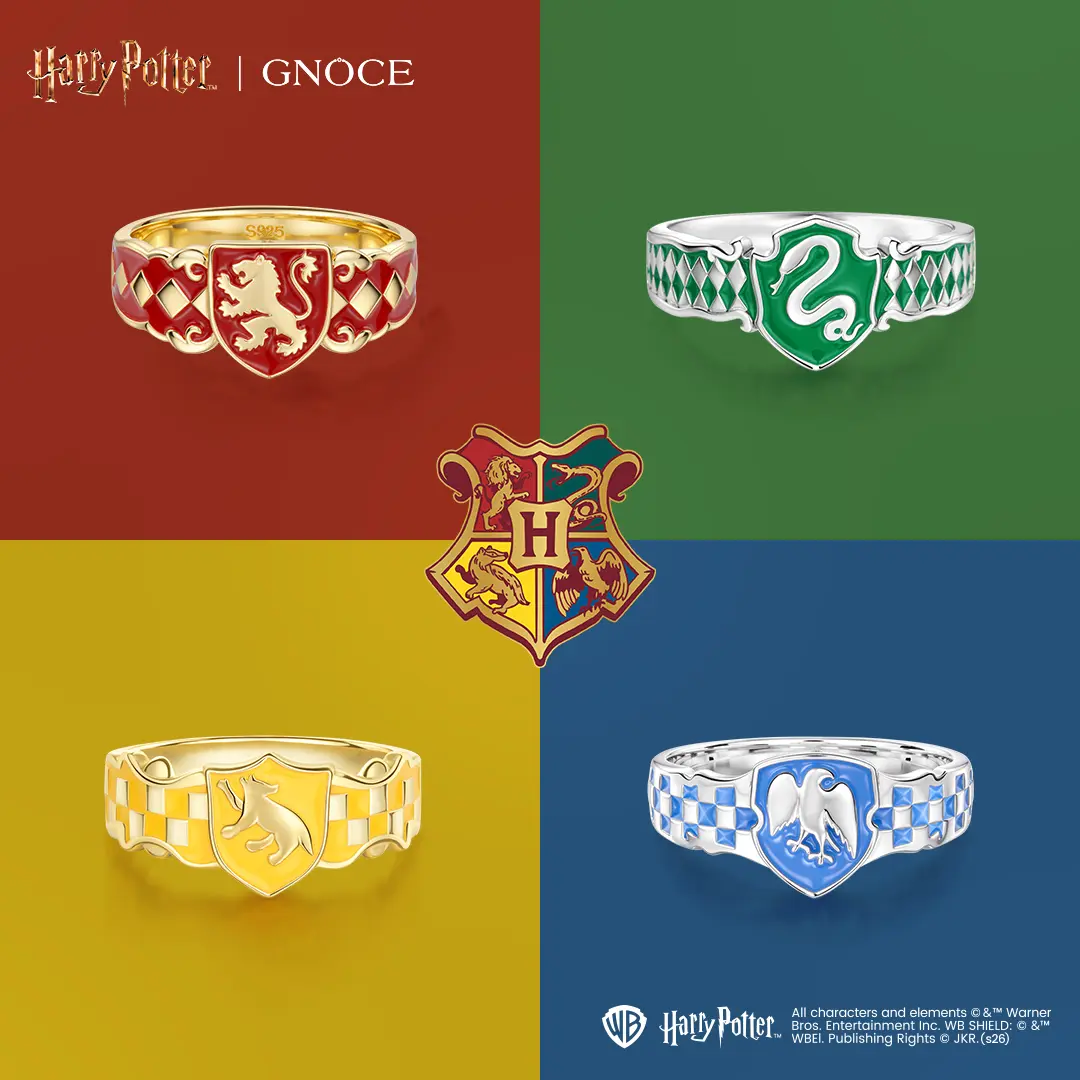 Gnoce Harry Potter S925 Embraces Ring Official Warner Bros Merchandise Featuring Gryffindor Slytherin Hufflepuff Ravenclaw Crests for Fans