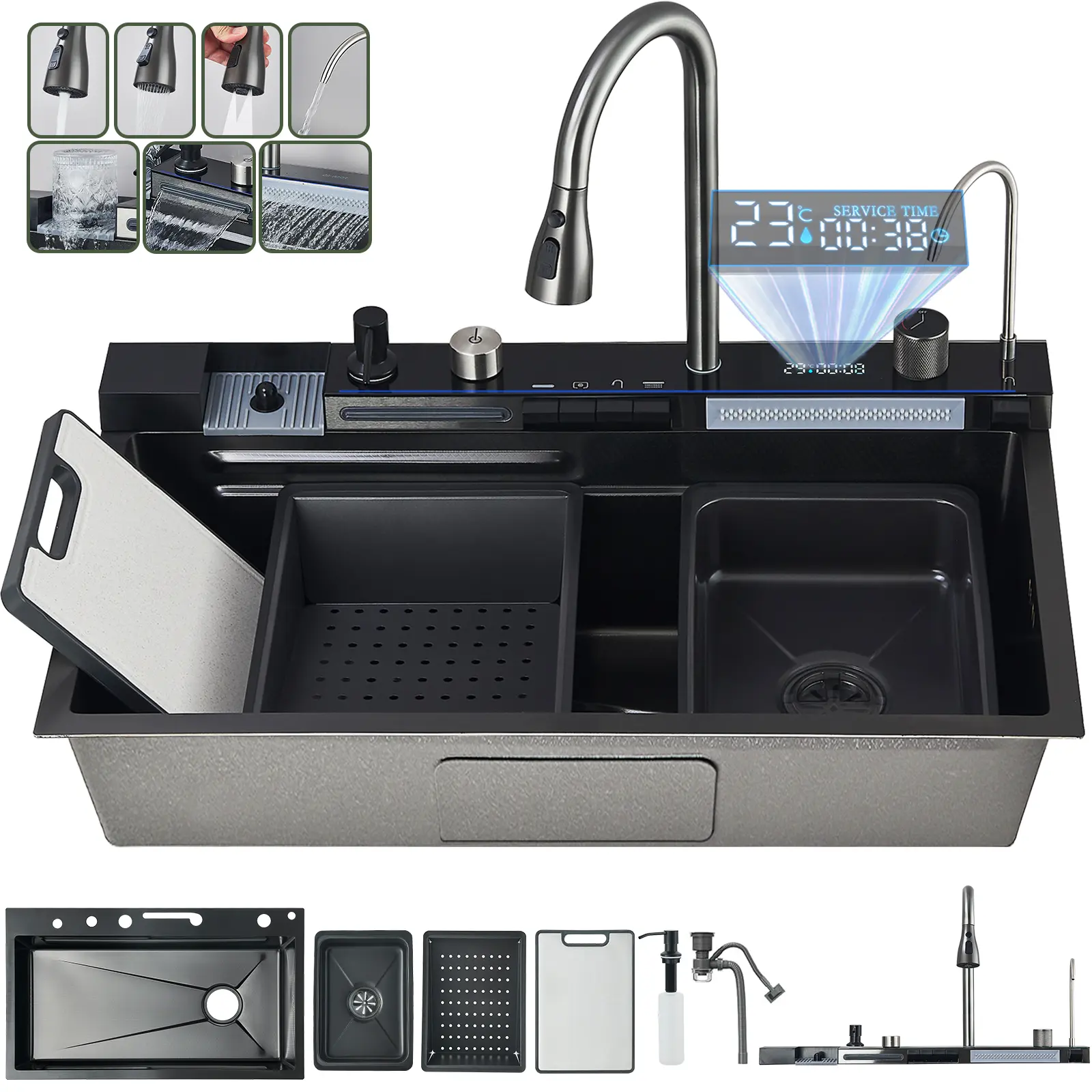 Modern 29.5x18 inch Stainless Steel Waterfall Kitchen Sink with Pull Out/Down Faucet Drop in Single Bowl Sink with Drain Assembly Accessories Flying Rain Mixer Faucet Integrated Sink