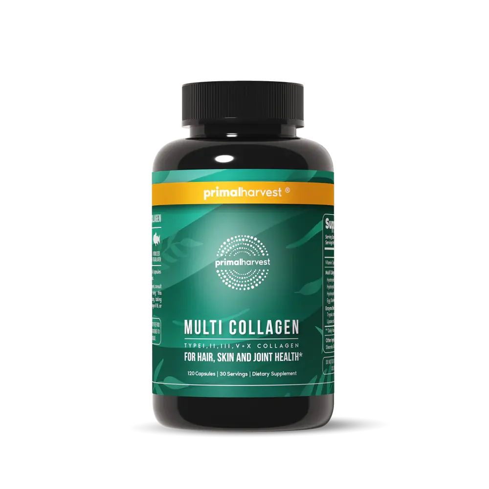Primal Harvest Multi Collagen Pills for Women and Men (Type I, II, III, V, X) 120 Capsules w/Vitamin C for Hair, Skin, Nails