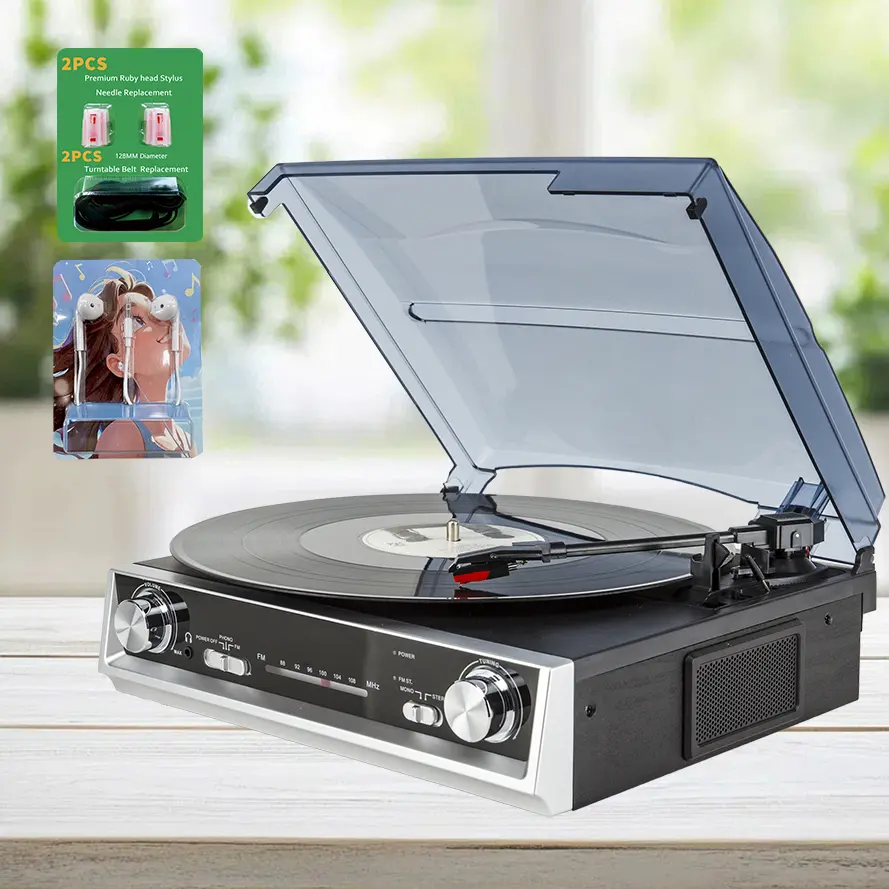 Vintage Belt-Drive Vinyl Record Player - 3 Speeds, FM Radio, 2 Turntable Cartridges, 2 Turntable Belts, 1 3.5mm Wired Headphone, 3.5mm Music Out Jack, Headphone Jack, No
