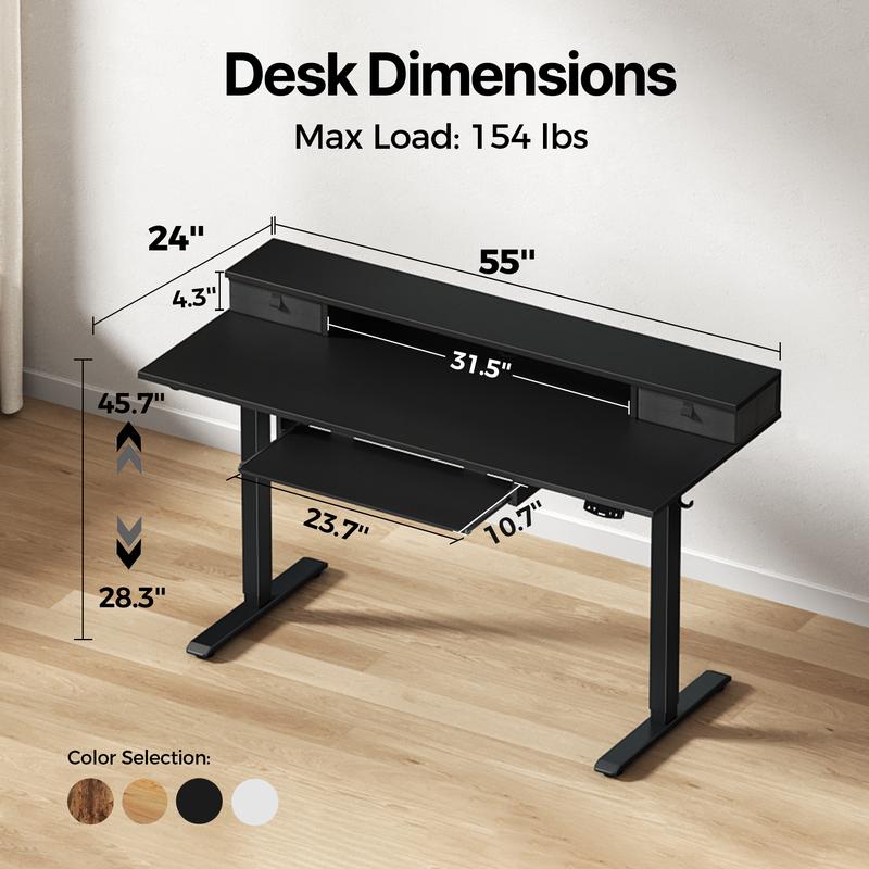 Agilestic Electric Standing Desk with 2 Drawers & Keyboard Tray, Adjustable Home Office Desk Ergonomic Sit to Stand Computer Desk with Hooks for Gaming & Work,Black/ Rustic Brown/White/oak