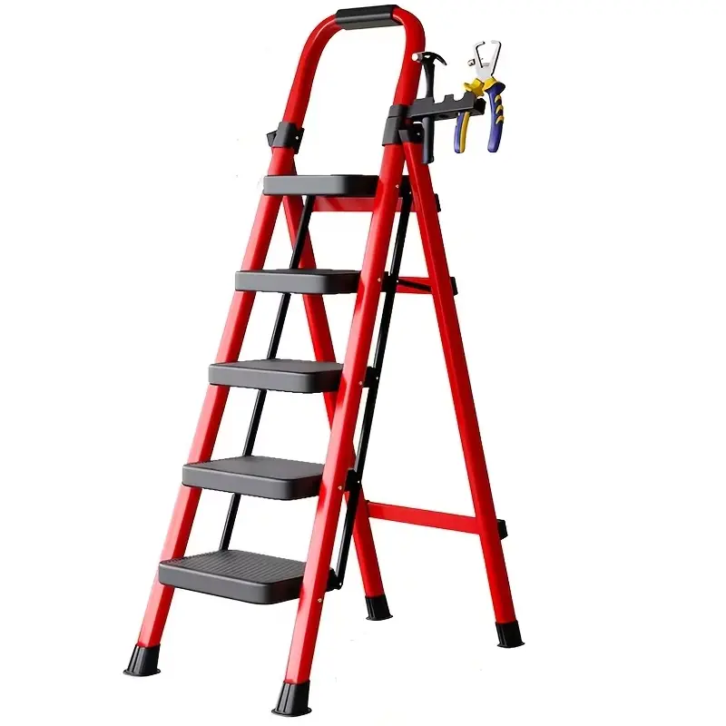 5/3 Step Folding Ladder with Handrail & Tool Tray Heavy Duty Steel Step Stool Anti-Slip Wide Steps for Home Kitchen Garage