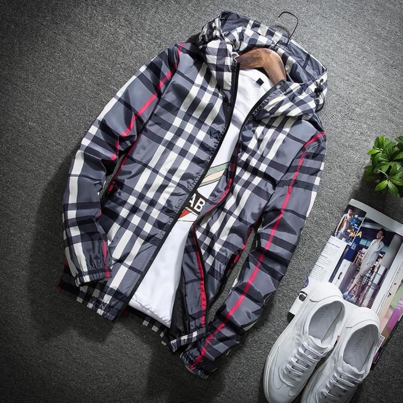 Men's lightweight hooded (stand-up collar) jacket, zip-up windbreaker, with adjustable drawstrings and color-block stripes, stylish for spring and autumn, casual men's outerwear, customizable personalized jacket, fashionable khaki plaid design Men's lightweight hooded (stand-up collar) jacket, zip-up windbreaker, with adjustable drawstrings and color-block stripes, stylish for spring and autumn, casual men's outerwear, customizable personalized jacket, fashionable khaki plaid design