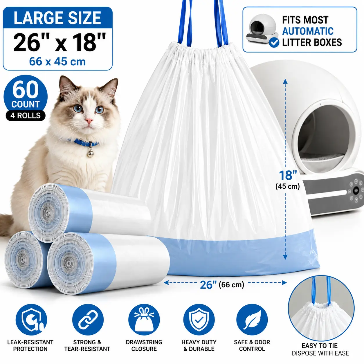 60 Count Large Cat Litter Box Liners for Automatic Self-Cleaning Litter Boxes, Heavy Duty Leak-Resistant Drawstring Waste Bags, 26" x 18" (66 x 45cm), 4 Rolls