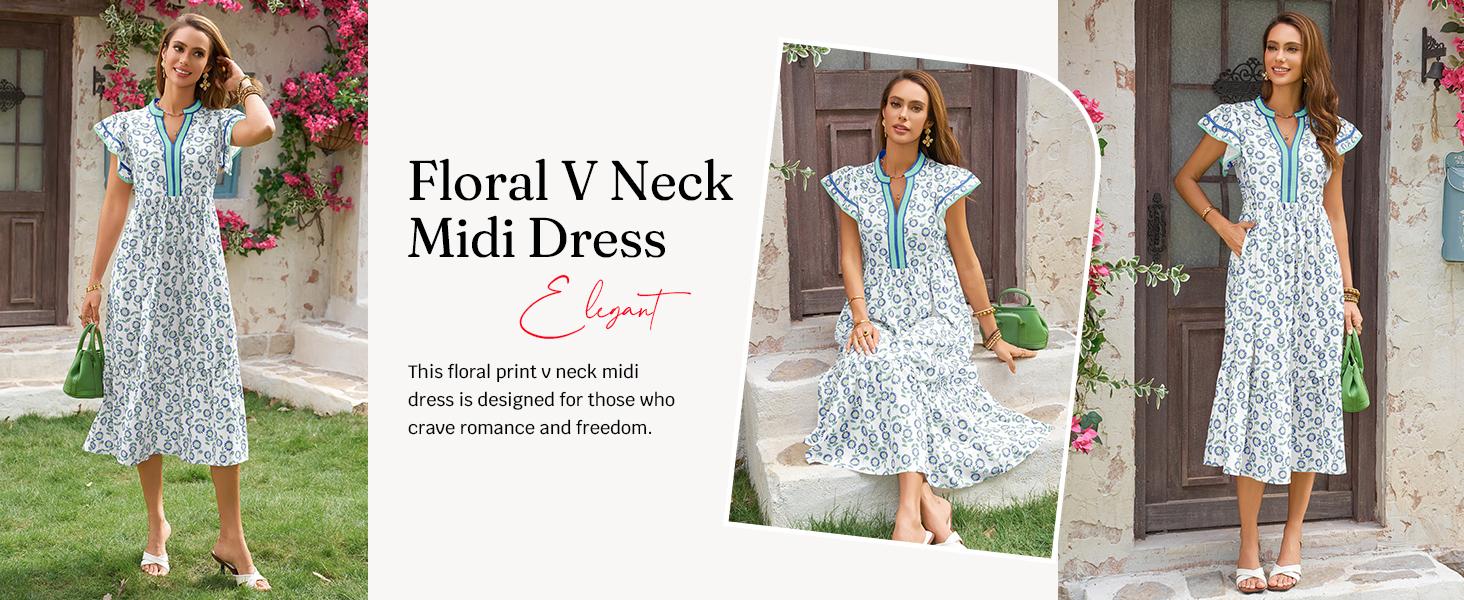 Wenrine Women's Summer Floral Midi Dresses Ruffle Cap Sleeve V Neck Flowy Boho Casual Beach Vacation Sundress
