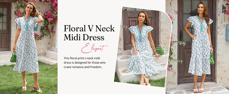 Wenrine Women's Summer Floral Midi Dresses Ruffle Cap Sleeve V Neck Flowy Boho Casual Beach Vacation Sundress