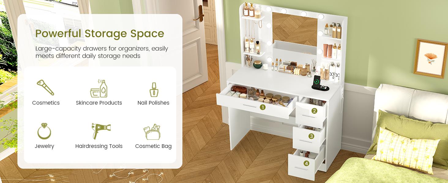 Modern LED Light White Vanity Desk with Power Outlet and Mirror for Makeup & Hair Styling 4 Drawers 3 Color Modes Adjustable Brightness Dressing Table Bedroom