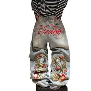 UP.THE Y2K Baggy Jeans Men's Wide Leg Hip Hop Streetwear Dragon Embroidered Classic Quality with Button Detail for Casual Outings