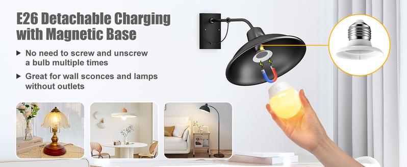 Brightown E26 Rechargeable Light Bulb with Remote Timer and 3 Color Temperatures, Battery Backup Bulb for Sconces and Lamps, E26 Detachable Charging for Non-Hardwired Fixture, Dimmer, 700LM