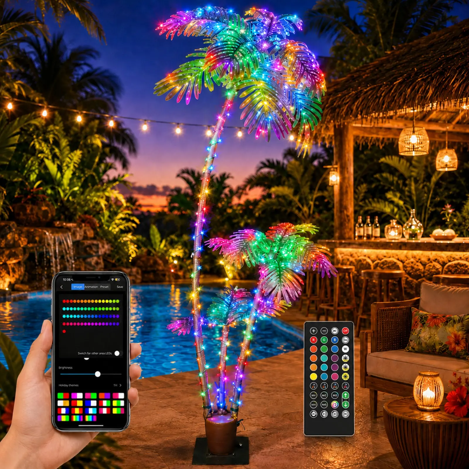 7FT Smart Pre-Lit 3-Trunk Artificial Palm Tree (Faux Tree) with Strip LEDs, App & Remote Control, DIY Color Control, Music Sync, Timer, UL Listed Plug for Safer Outside Use, ABS Plastic Garden Decor Lights