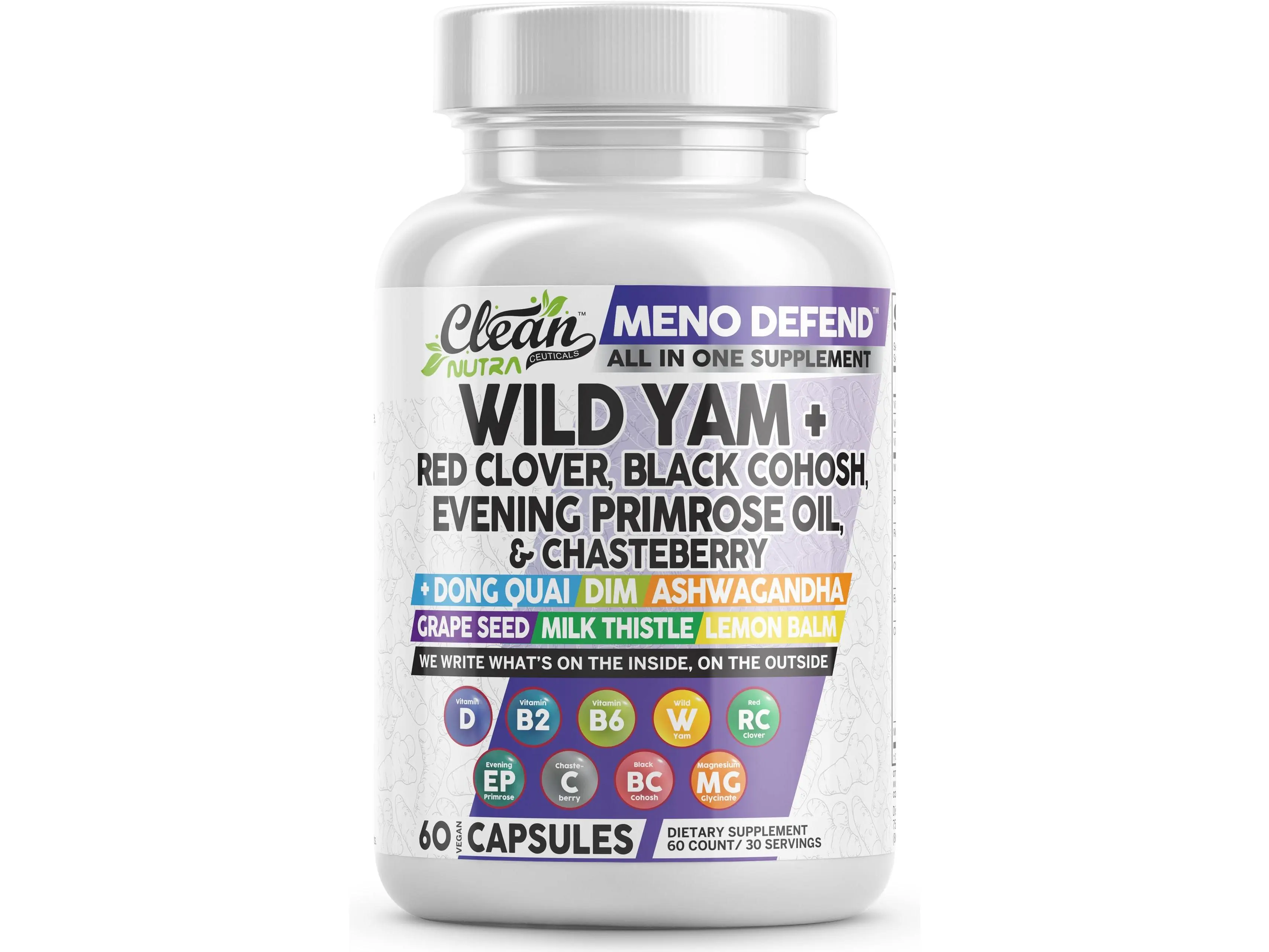 Clean Nutra Wild Yam, Red Clover Black Cohosh, Evening Primrose Oil, Chasteberry & More for Women's Wellness Capsules – Meno Defend