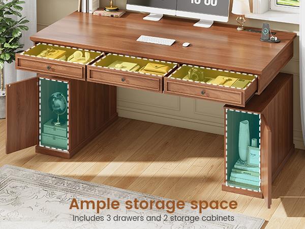 SEDETA 55.1 Inch Farmhouse Electric Standing Desk with 3 Drawers Height Adjustable Executive Office Desk with Storage Cabinet Computer Sit Stand Up Desk with Power Outlets