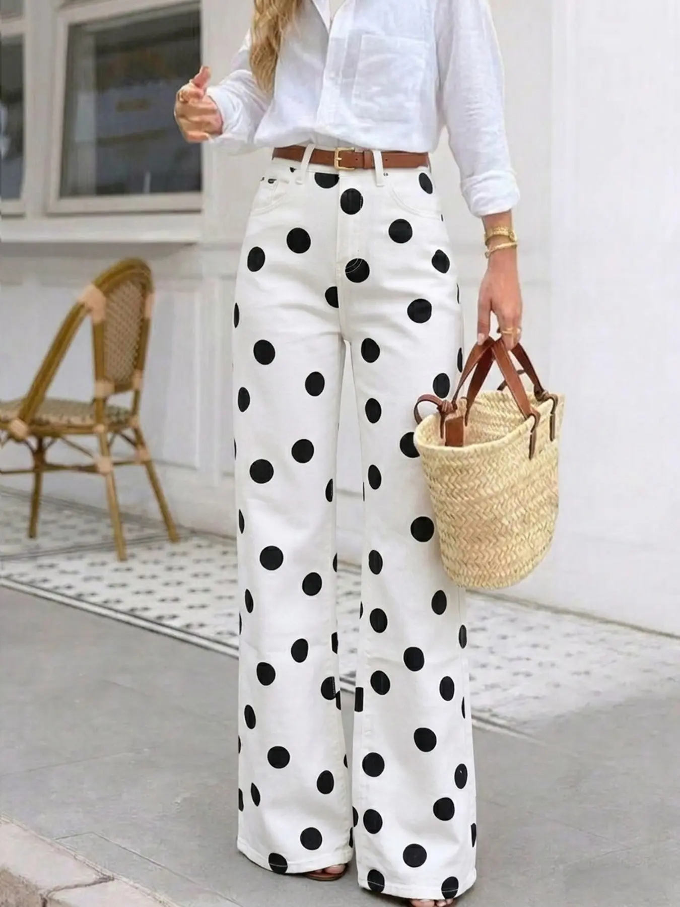 Women's Stretch Polka Dot Wide Leg Jeans, Casual All Seasons Wear, Comfortable & Stylish Womenswear