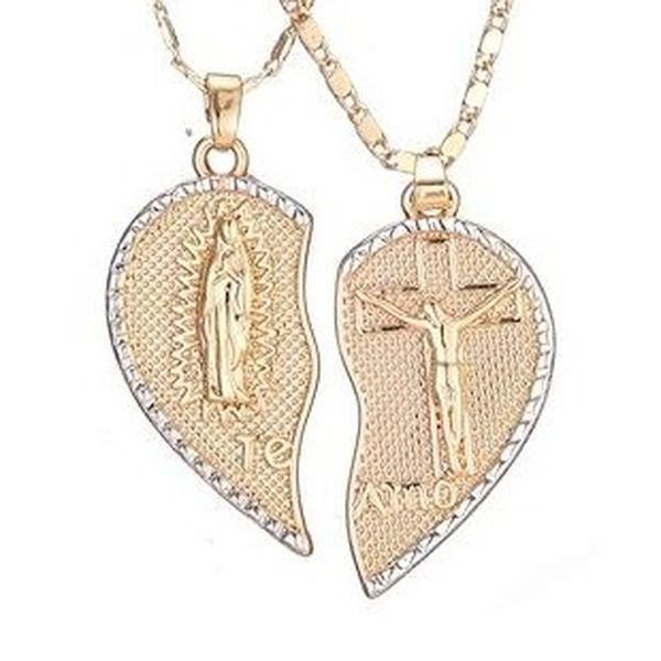 Virgin Mary Heart Necklace 18K Gold Plated Double Chain Combination Prayer Pendant for Women & Men TE AMO Inscribed Couple Necklace Religious Symbolism Elegant Dual Heart Design 45cm Chain Length