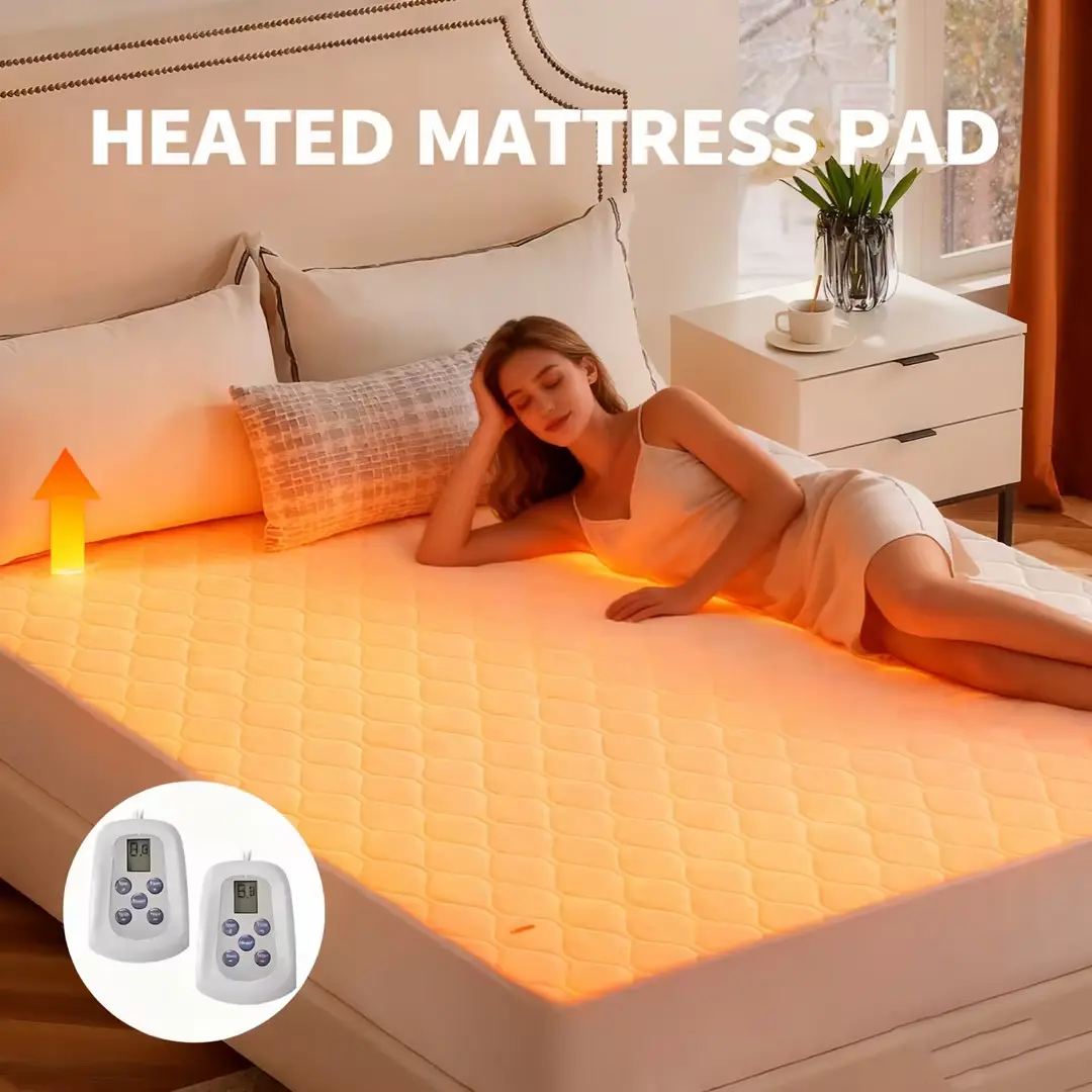 Fitted Mattress Pad - King Size 80x78in Heat Adjustable Polyester Quilted Topper/Protector, Dual Controllers, 12 Heat Settings, 12-Hour Automatic Shut-Off, ETL Certified, Soft Fabric, Sleeping Warm, Machine Washable Pad Refreshes Easily