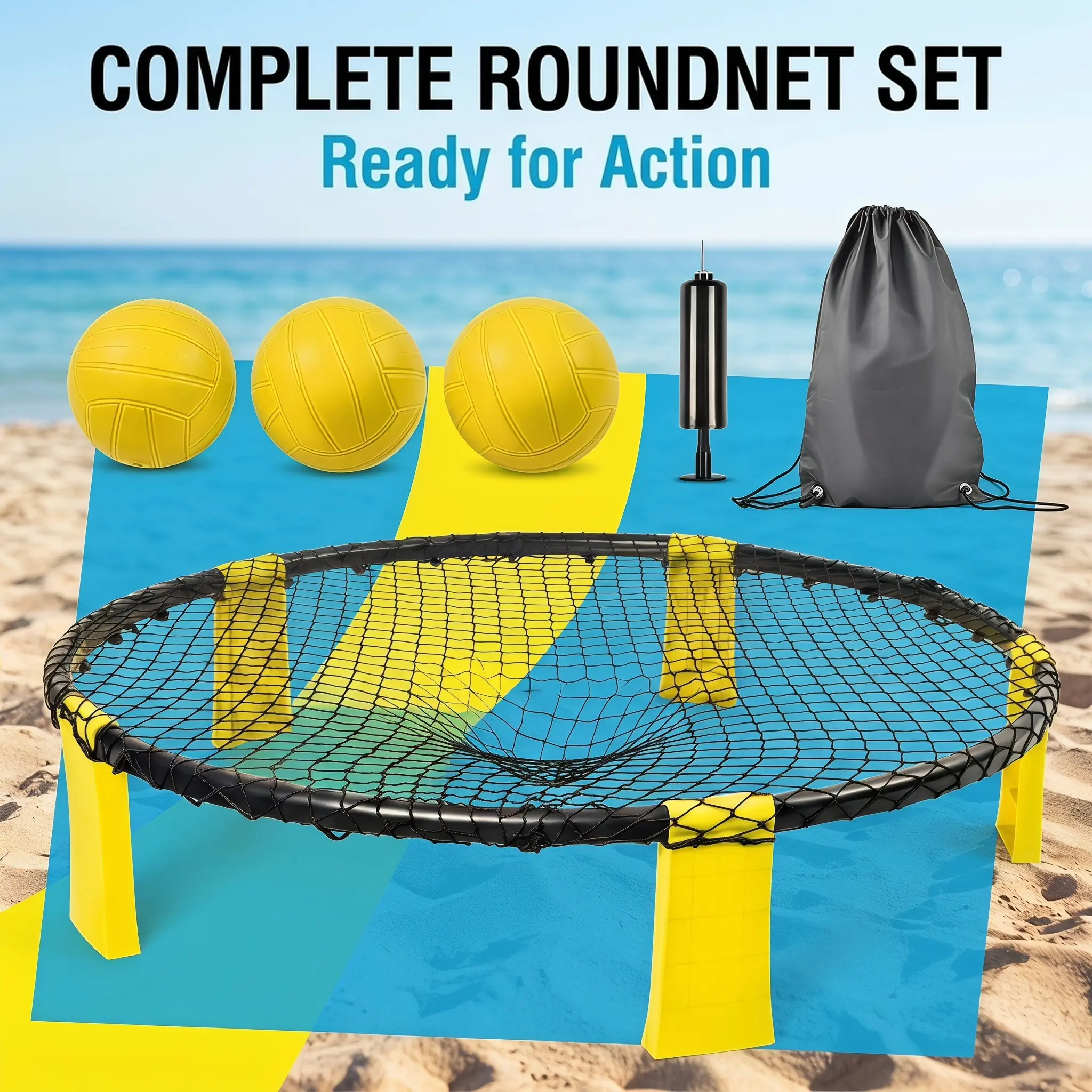 Portable Roundnet Game Set with Volleyball, High-Tension Net & Steel Frame - Yellow Black Outdoor Kit for Beach, Backyard