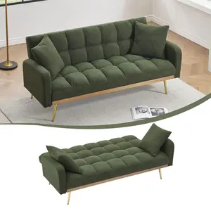 69"W Teddy Convertible Futon Sofa Bed with Elegant Golden Legs, Small Sleeper Sofa Bed with 2 Pillows, Comfy Loveseat Daybed with Adjustable Armrest for Living Room or Office