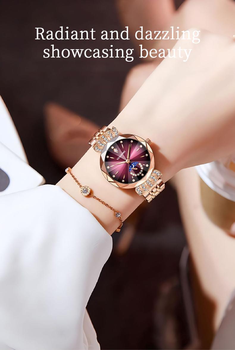 VEADONS Luxury Women's Jewelry Watch Diamond Cut Crystal Stainless Steel Case Water Resistant Moon Star Sun Design Elegant Wristwatch Perfect Gift for Her
