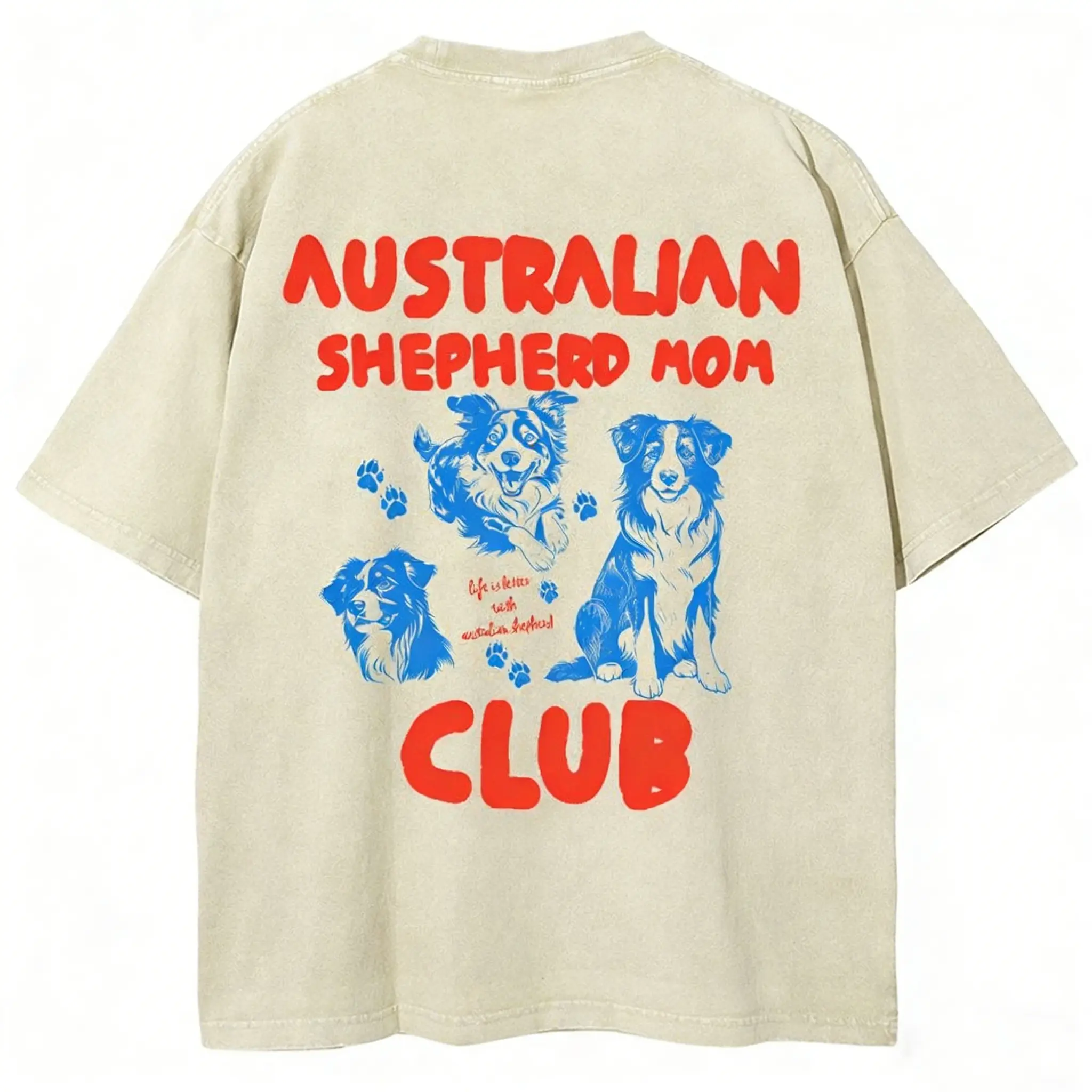 Australian Shepherd Mom Club T-shirt, Women's Casual Cotton Comfort Shirt, Vintage CrewNeck Acid Washed Oversized Drop Shoulder Heavyweight T-shirt, Baggy Workout Tops Short Sleeve Shirt