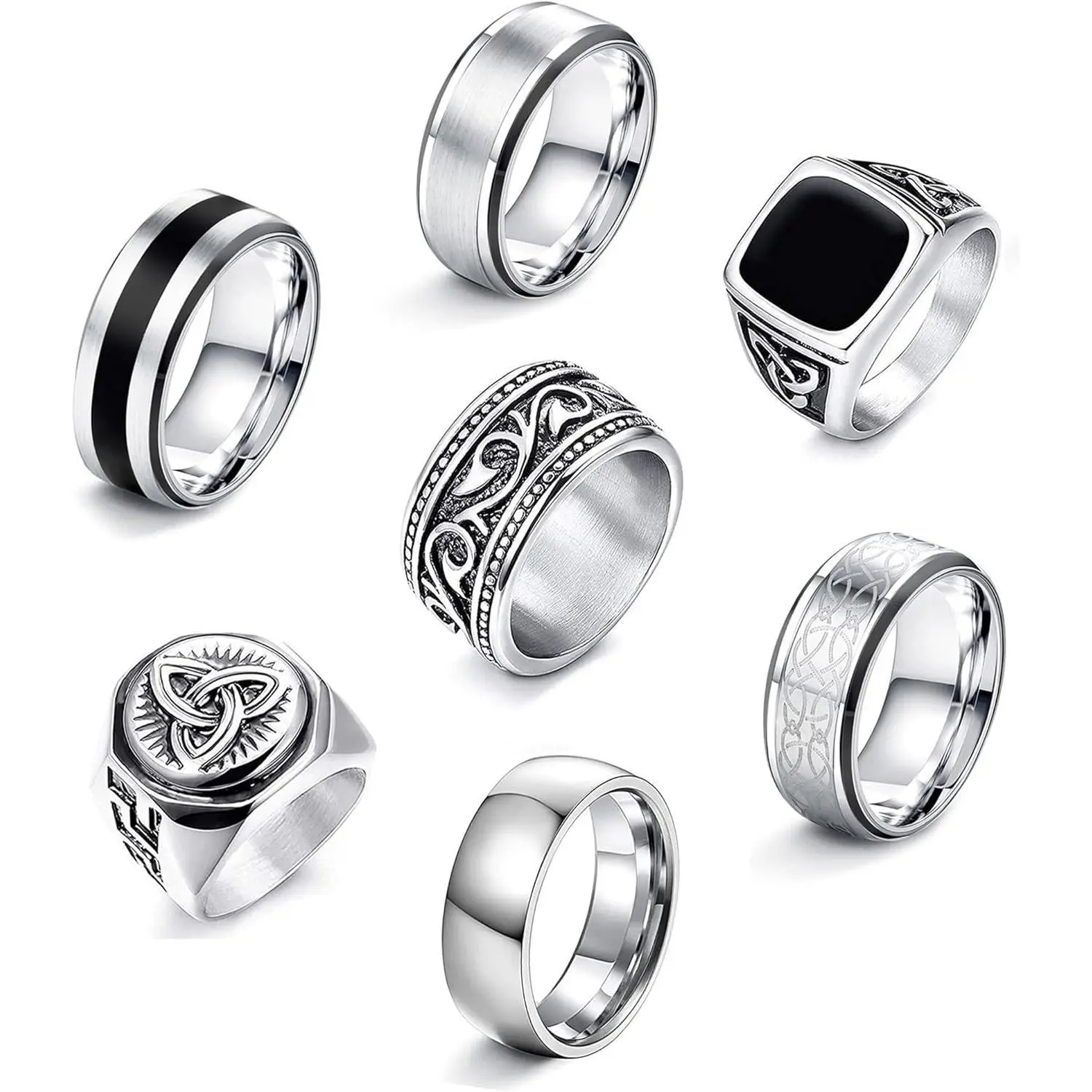 FLORIDECO Rings for Men, 7-Piece Stainless Steel Set with Gothic & Celtic Knot Designs, Vintage Stackable Waterproof Biker Jewelry, Metal Rings, Stackable Finger Rings
