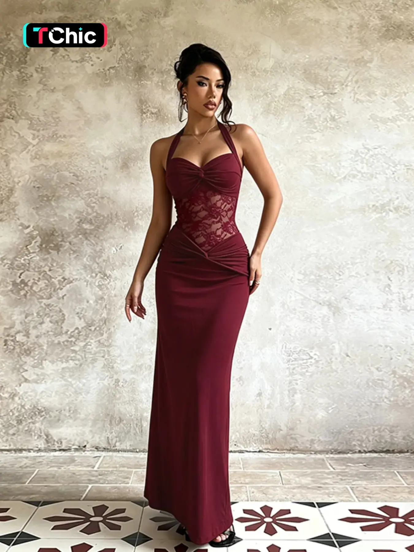 Elegant Halter Neck Lace Dress, Feminine Women's Ruched Evening Gown, Perfect for Special Occasions, Chic Formal Wear, Elegant Fashion Dress, Elegance
