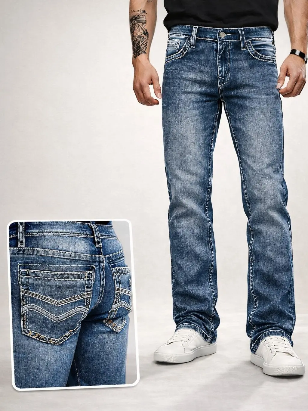 Men's Flex Stretch Denim Jeans - Classic Plain Straight Leg Regular Fit Regular Cut Pants, Embroidered Cotton Fabric,Slim Fit Below Ankles Pants with Pocket for Everyday Work & Casual Wear