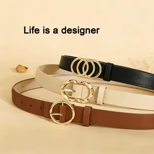 Set of three minimalist, fashionable, versatile women’s belts: a classic belt for jeans and dresses; a solid-color elegant belt featuring a three-ring, two-ring, one-ring metal buckle design; an elegant multifunctional women’s belt paired with a classic g