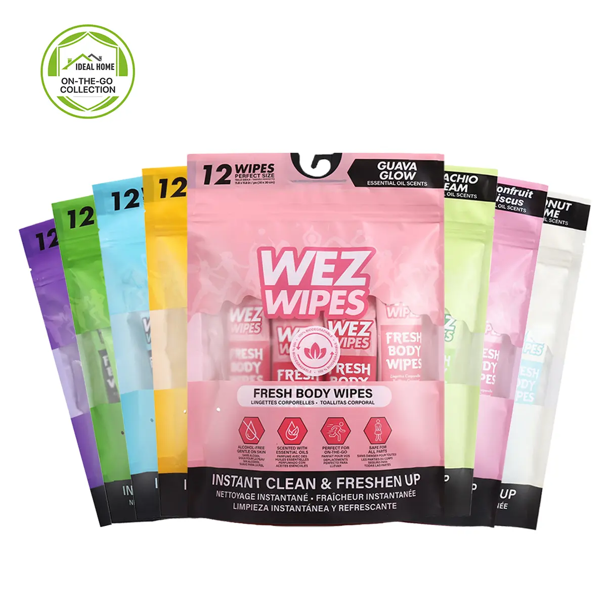 WEZ WIPES Fresh Extra Large Body Wipes Variety Pack | 8 Mixed Scents, Alcohol-Free Biodegradable Body Cleansing Wipes | No Rinse Bath Wipes for Gym, Travel, Camping & On-the-Go