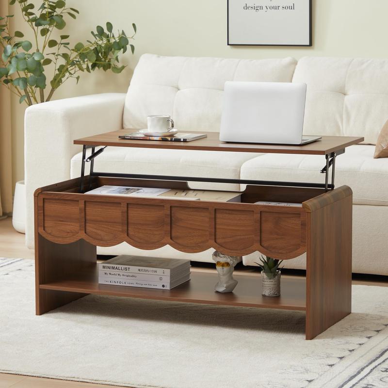 Giratree 39.37" Lift Top Coffee Table with Hidden Compartment, 2 Tier Wooden Center Table with Wave Panel, Modern Lift Tabletop for Home Living Room Office, Walnut