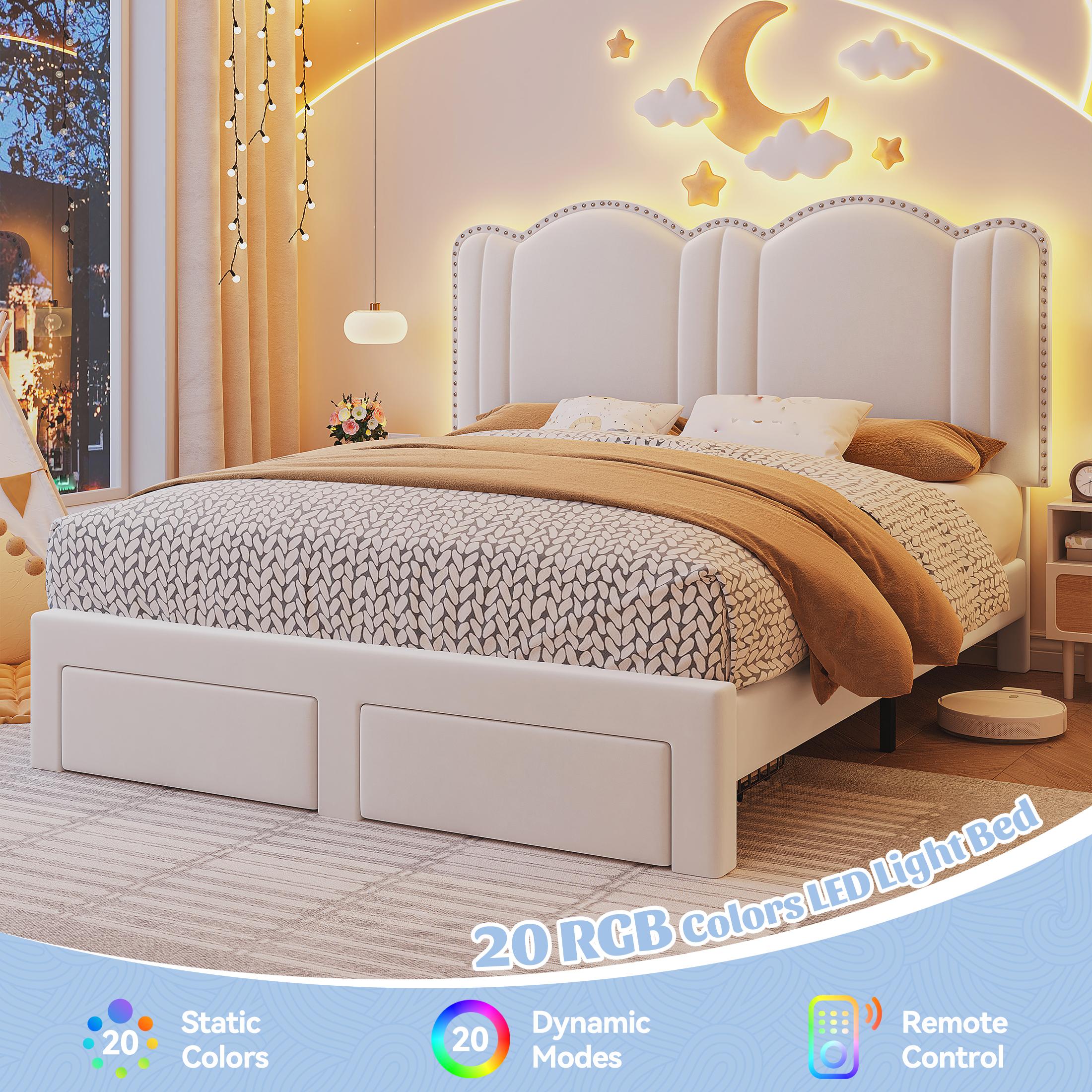 Raybee Furniture Pricess Bed Frame with Led Light, Elegant bed Frame with Headboard Adjustable, Upholstered Bed Frame, No Box Spring Needed