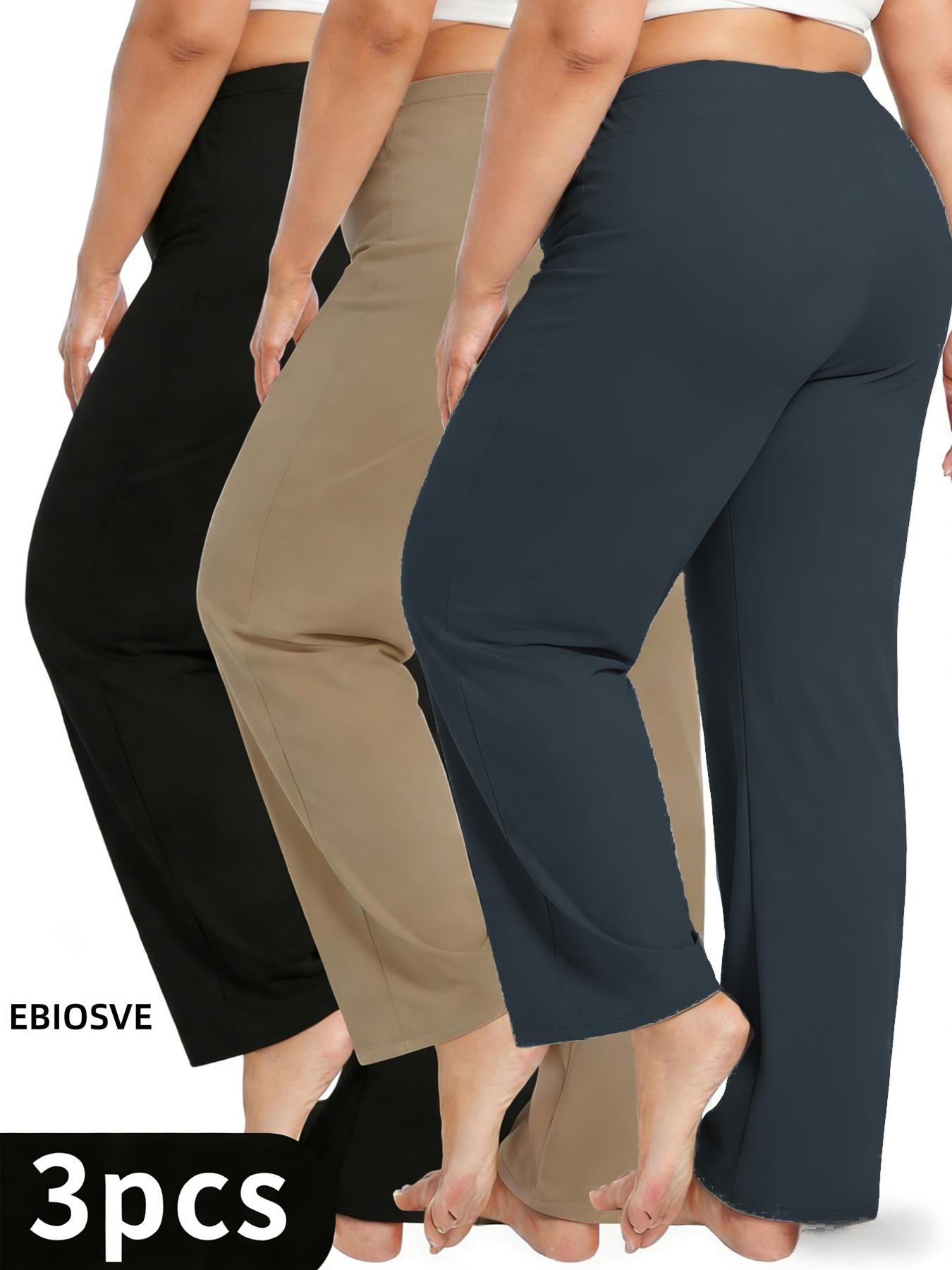 3-Pack Women'S Plus-Size Solid Color Fitted Straight-Leg Stretchy Pants, High-Waisted Leggings, Elegant And Stylish Trousers, Women'S Long Pants, Plus-Size Clothing, Women'S Straight-Leg Pants, Soft Leisure Pants with Pockets, Perfect for Spring