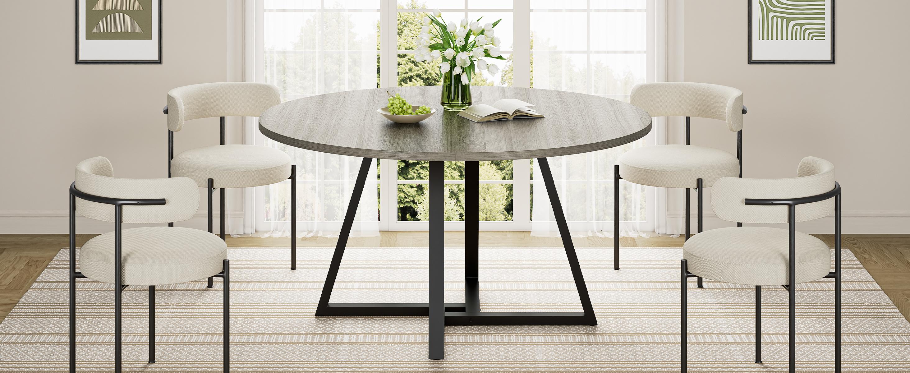 IRONCK 51" Round Dining Table for 6, Wood Kitchen Table with Metal Base, Space Saving Industrial Circle Dinner Table for Kitchen Dining Room