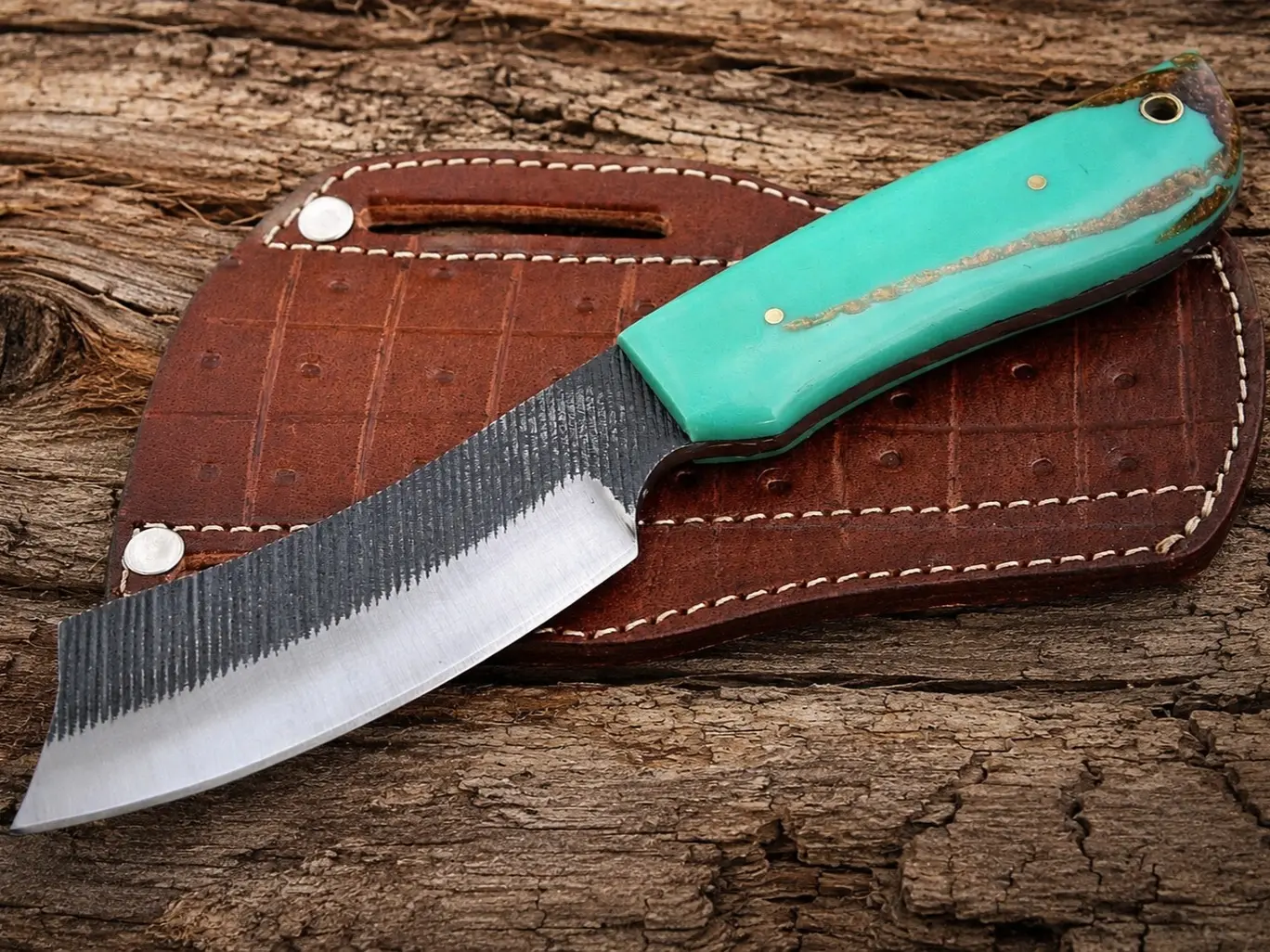 Hand Forged Railroad Spike Fixed Blade Knife - Rustic Stainless Steel Cutting Tool, Multi Use Knife with Acrylic-Resin Handle, 1 × Engraved Leather Sheath