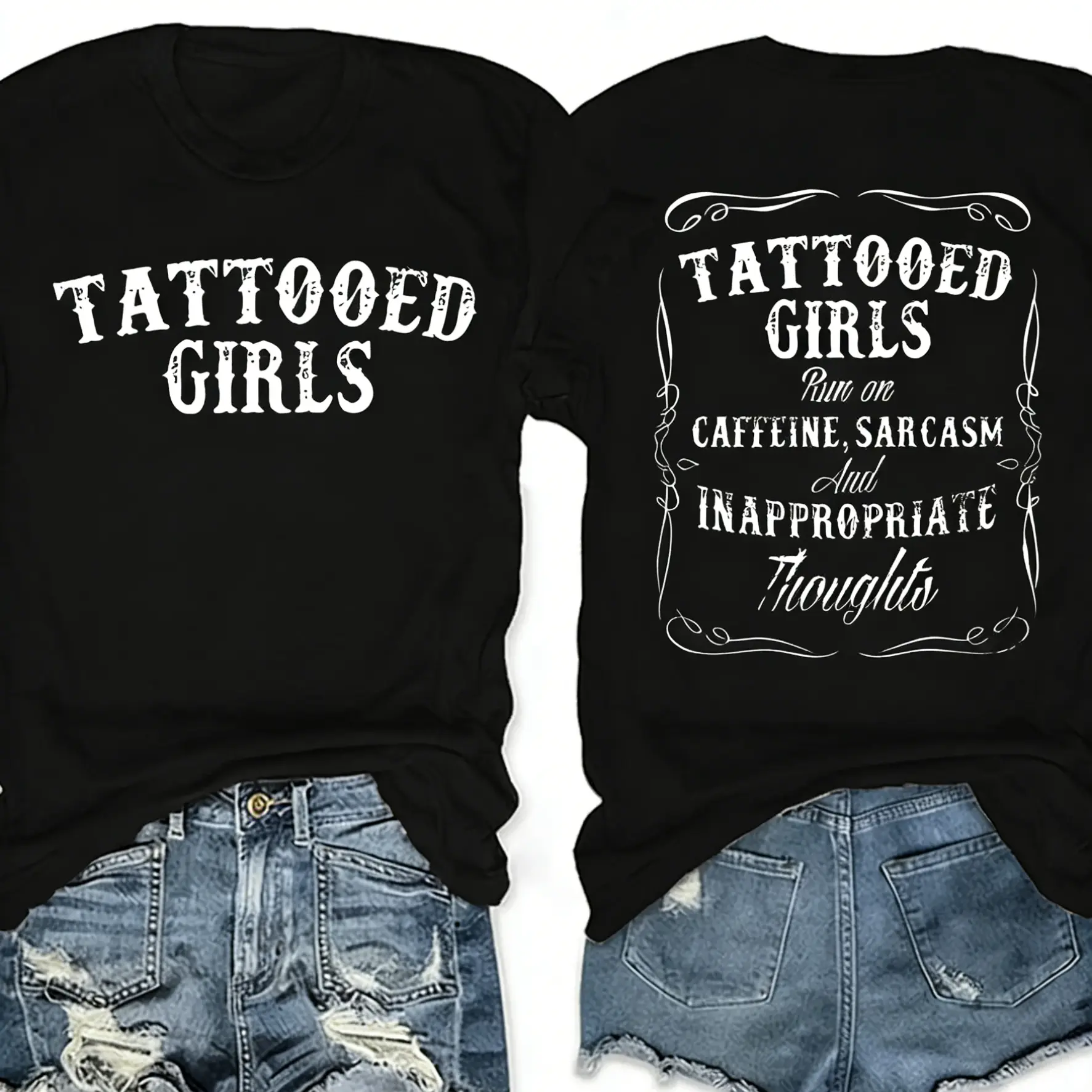 Women's Tattooed Girls Print Round Neck Tee, Vintage Trendy Casual Chic Minimalist Short Sleeve T-shirt for Daily Wear, Ladies Summer, Top, Streetwear, Womenswear Oversized Apparel Tshirt