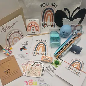 Cozy Boho Gift Set with Positive Affirmations Feel Good Decor Self Care Bundle including Inspirational Cards and Rainbow Themed Accessories