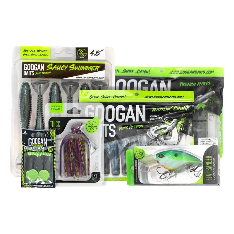 Googan Baits TikTok Exclusive Bundle - 4.8" Saucy Swimmer & Thicc Jig with Weight Stops & Flat Banger and More
