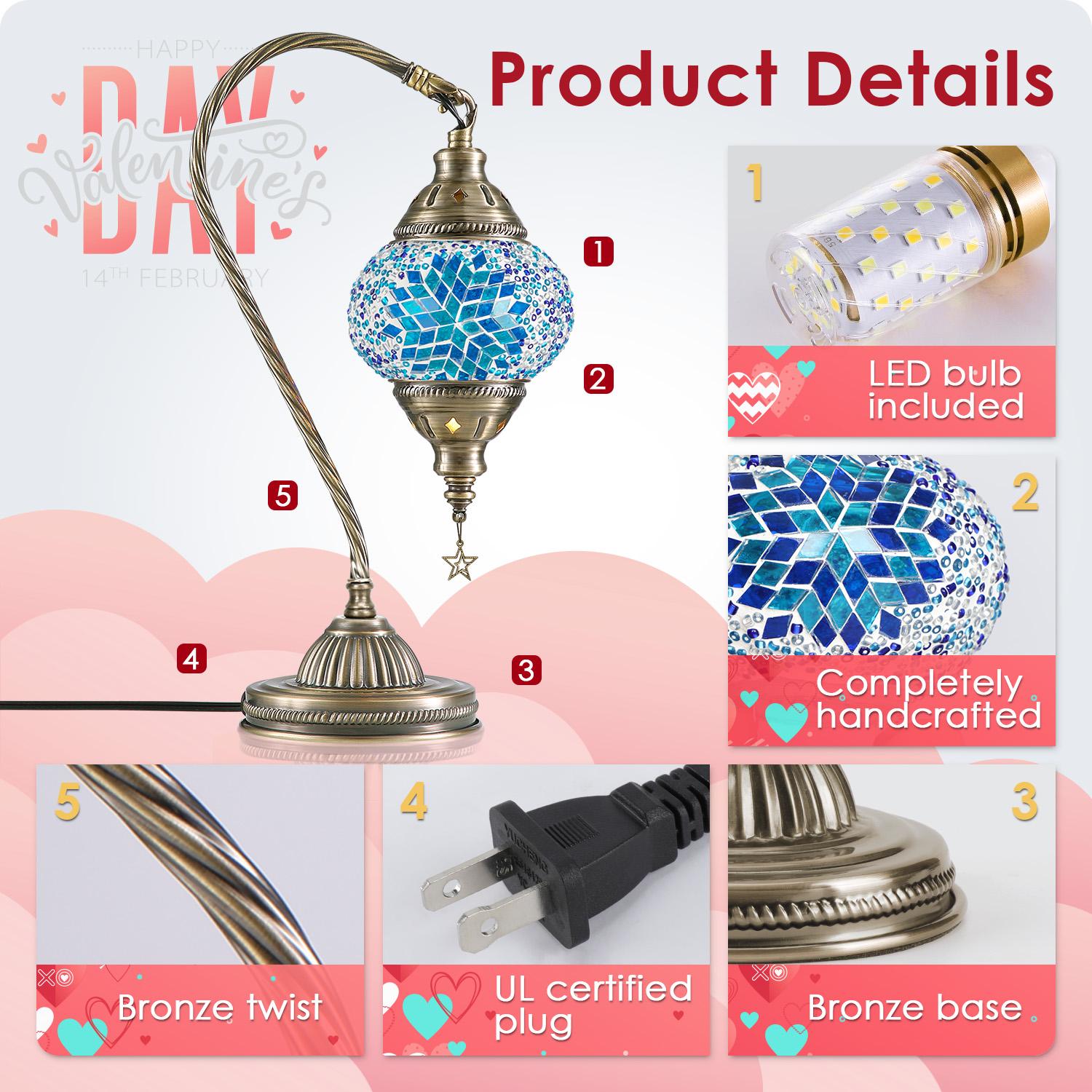 Yarra-Decor Turkish Moroccan Lamp with Bronze Base 3-Way Color Changing Handmade Swan Neck Tiffany Mosai c Glass Bedside Lamps for Bedroom (LED Bulb Included) (Colorful) Decorative Design Starry Sky Lights Mood Lighting neon signs  Valentine's Day gifts