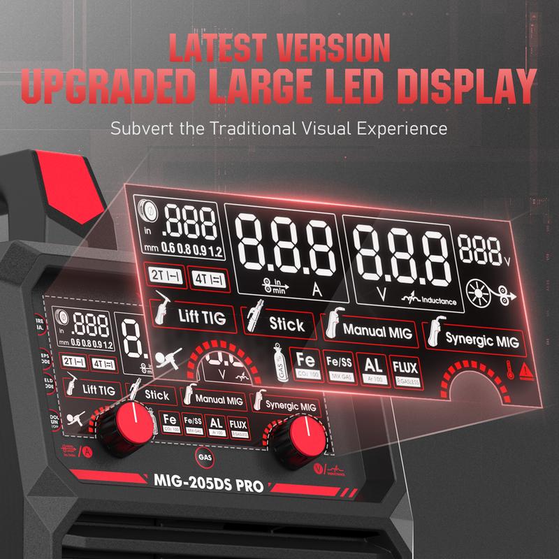YESWELDER MIG-205DS-PRO Aluminum MIG Welder 205Amp | Synergic Control, 110/220V Dual Volts & Large LED Display | Gas/Flux Core/Spool Gun/Lift TIG/Stick Multiprocess Welding Machine