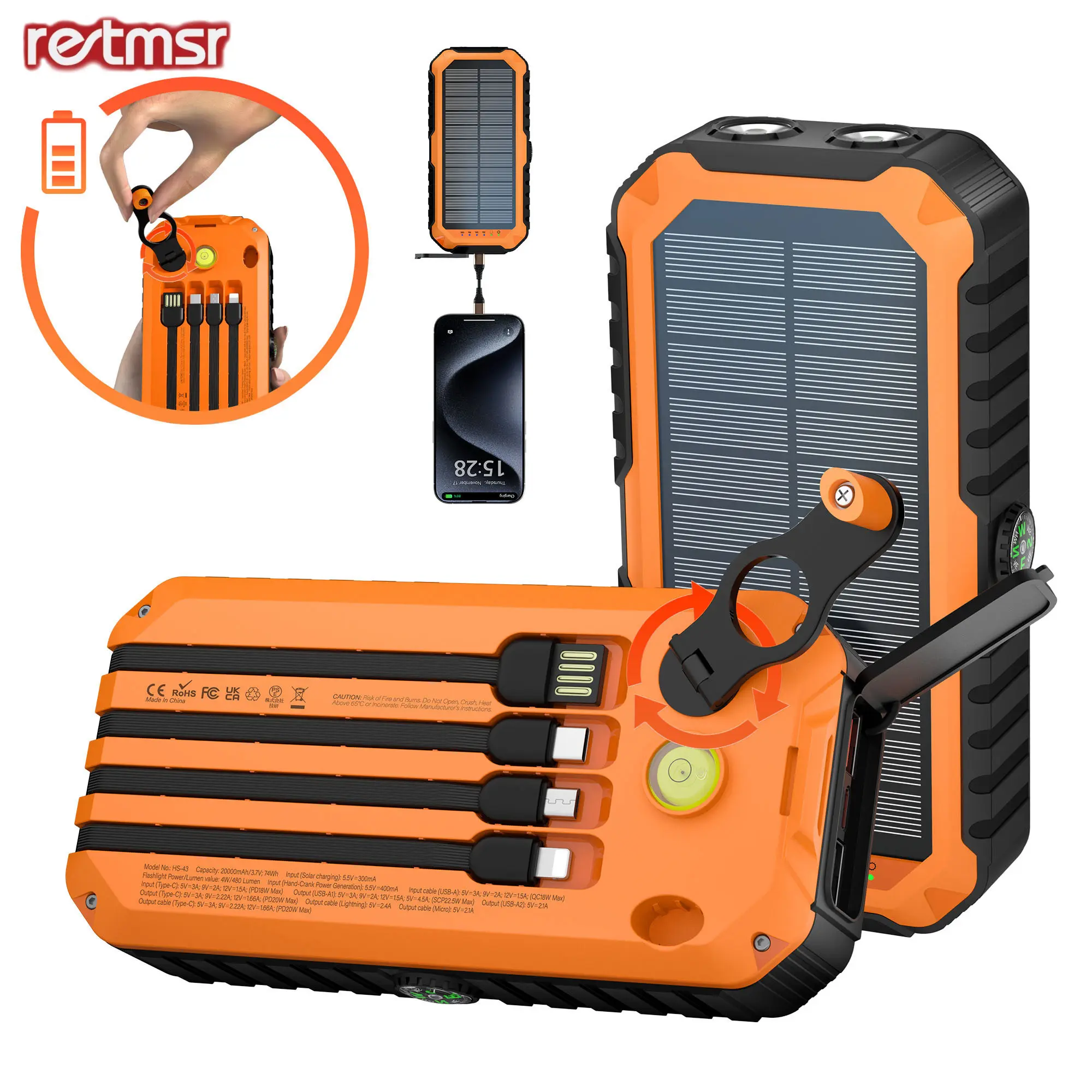RETMSR 40000mAh Emergency Solar Battery Power Bank - Portable Solar Panel, SCP22.5W Fast Charging, Hand-Cranked, LED Lamp, Compass, 4 Cables (Micro USB Included), Outdoor for Fishing, Camping, Mobile Phone Accessories, Solar Battery Operated