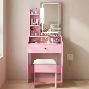 LED Lighted Vanity Desk Set with Mirror, 24 inch Small Dressing Table with Charging Station, USB Ports, 3 Color Modes, Drawer & Hair Dryer Holder, Space-Saving Makeup Station for Bedroom