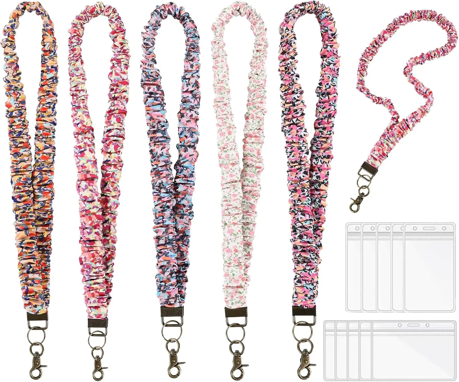 5PCS Satin Fabric Stretchy Scrunchie Name Tag Lanyards with 10 Transparent Colorful Acrylic Holders, Telescopic Rust-Resist Metal Badge Reels - Clip-On ID Cards/Key Neck Keychain (2 Sizes) for Teachers, Ideal for Birthdays, Staff