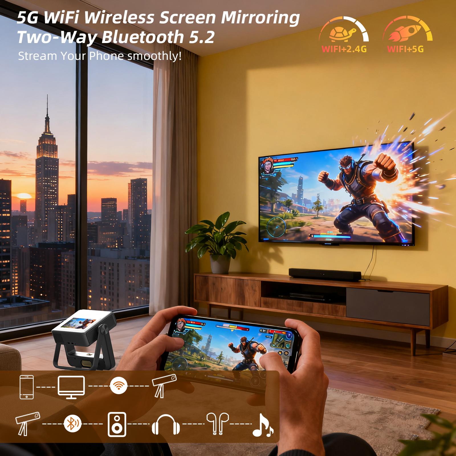 A5PRO Touch Screen ProjectorSupports 4K,800 ANSl Lumens with Auto Focusand Keystone Correction 3D DolbyAudio, WiFi 6and Bluetooth 5.0 for Home Theater, Gaming,Outdoor Camping (HDMI/USB-C). rotation stand, mini projector