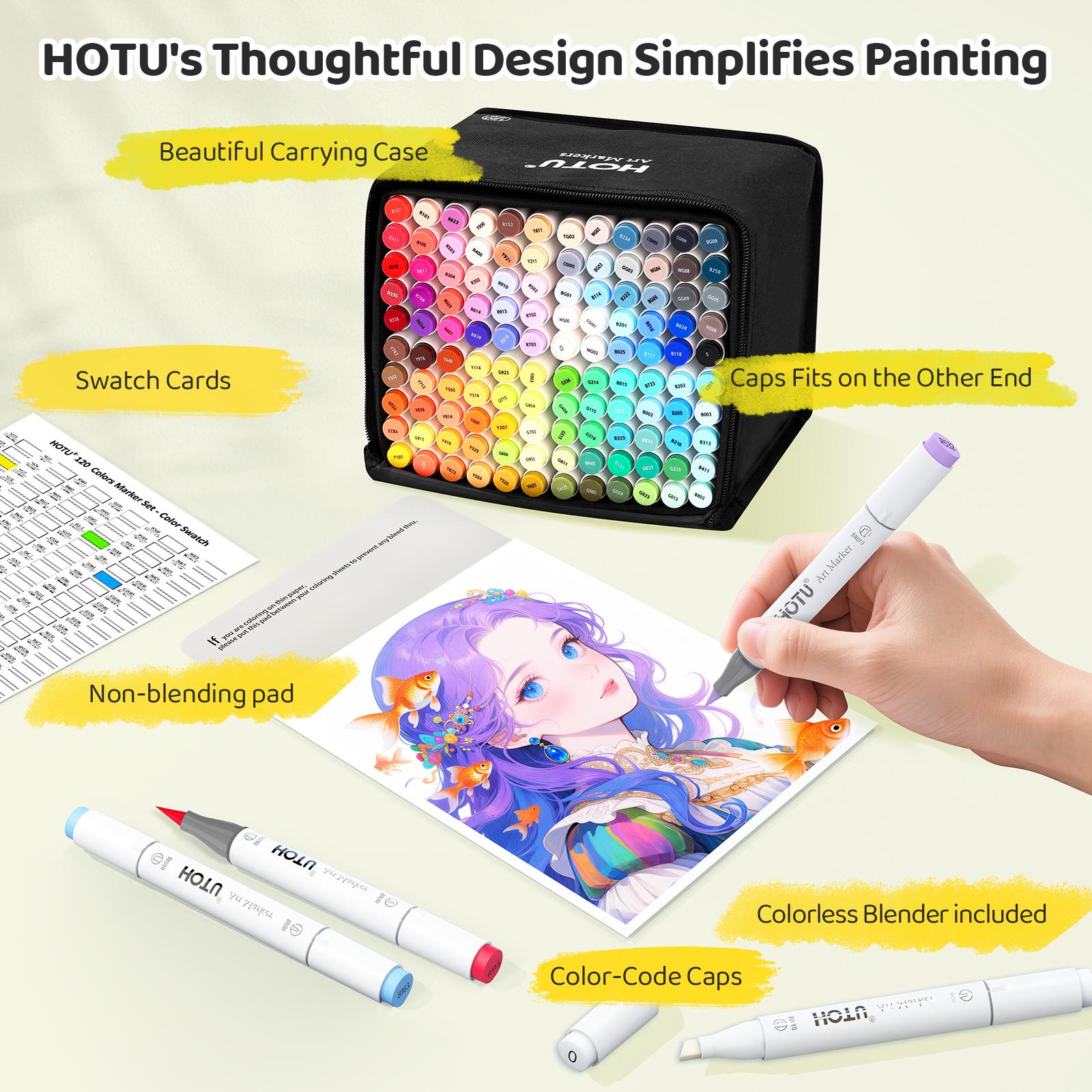 HOTU Dual Tip Alcohol Markers Set – 60/100/120Colors, Fine/Brush & Chisel Tips, Easy Blending, Safe Materials, Colorless Blender, Perfect for Kids & Artists, Sketching, Adult Coloring, Great Gift Idea