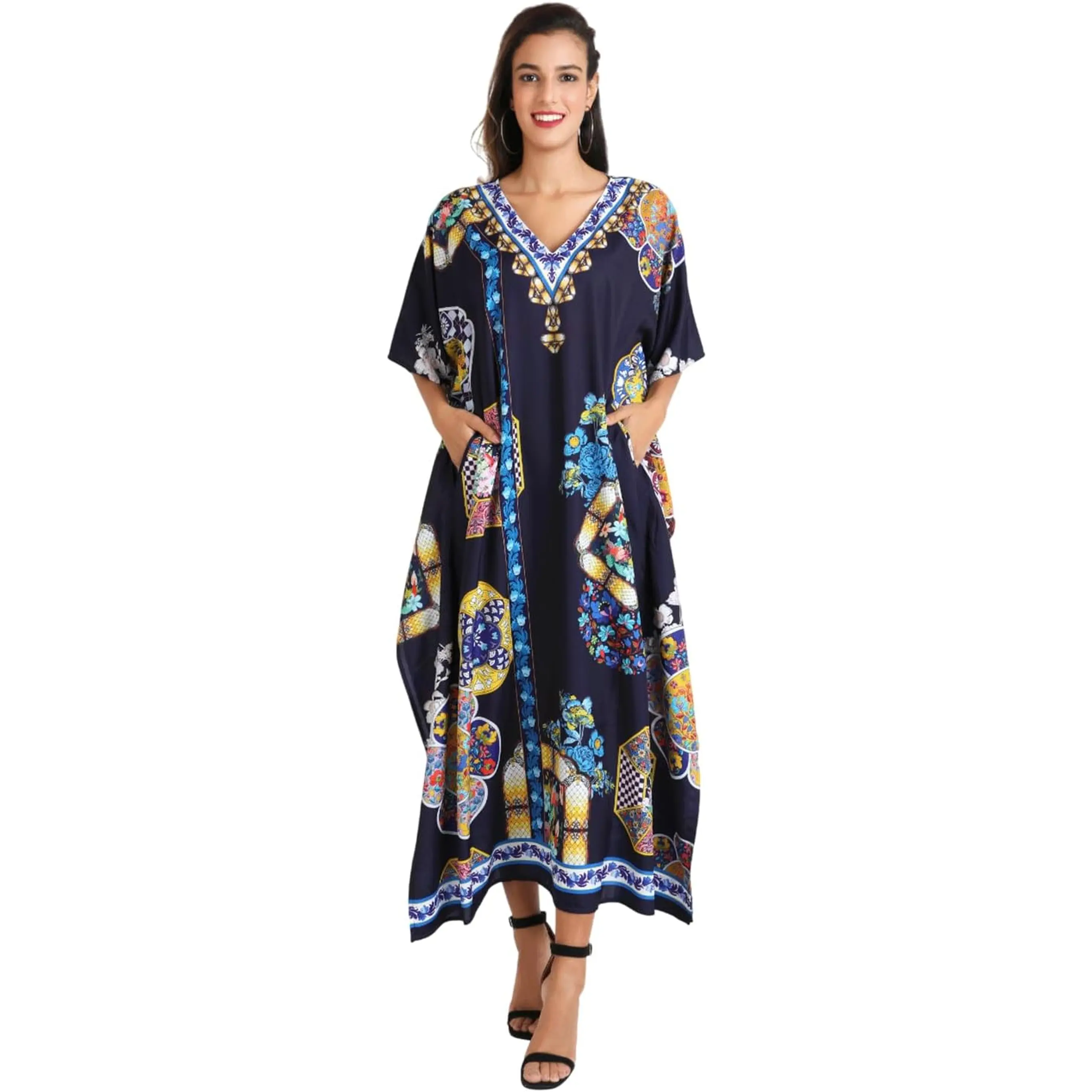 Miss Lavish London Long Kaftan - Elegant V Neck Loose Fit Beach Kimono Gown, plus Size Kaftans Resort Wear Lounge Dresses | Lightweight & Quick-Dry 100% Polyester, Relaxed Fit, Batwing Sleeves, Maxi Length, Resort Wear, Beach Cover Up, House Dress