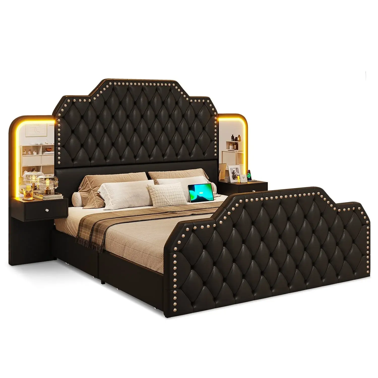 Sikaic PU Leather LED Bed Frame with 2 Nightstands & 2 Mirrors, Black Upholstered Platform Bed with Storage Headboard Bedroom Furniture Set,dorm essentials,home decor