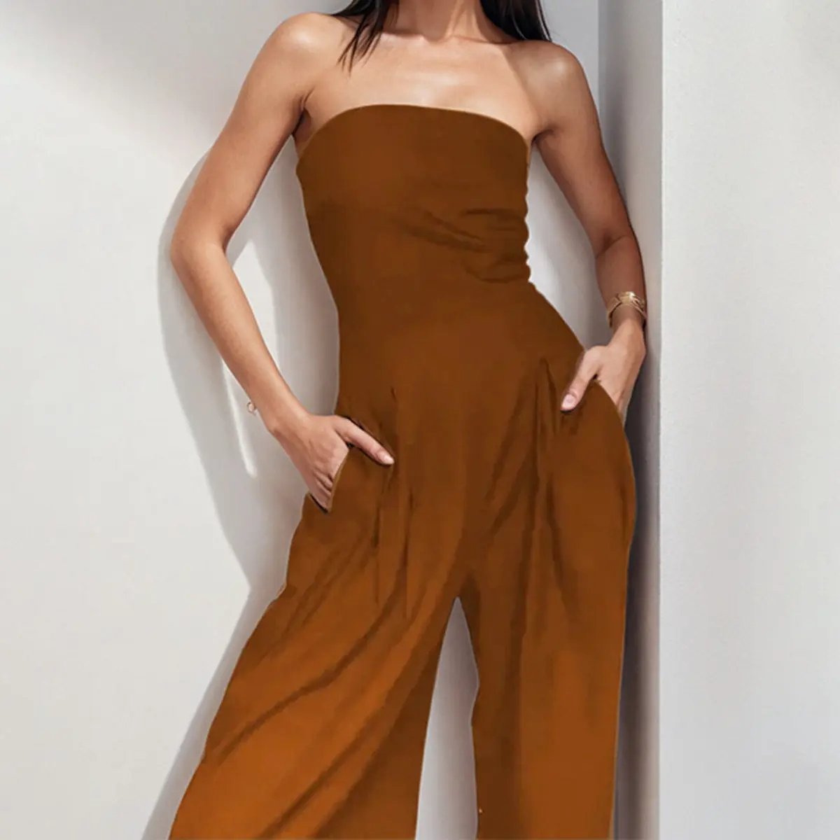 2026 Summer New Women Solid Strapless Jumpsuit Elegant High Waist Wide Leg Tube Top Casual Party Jumpsuit With Pockets rompers Black Bag, Chic, Fits Blazer Brown, Overalls, Cocktail
