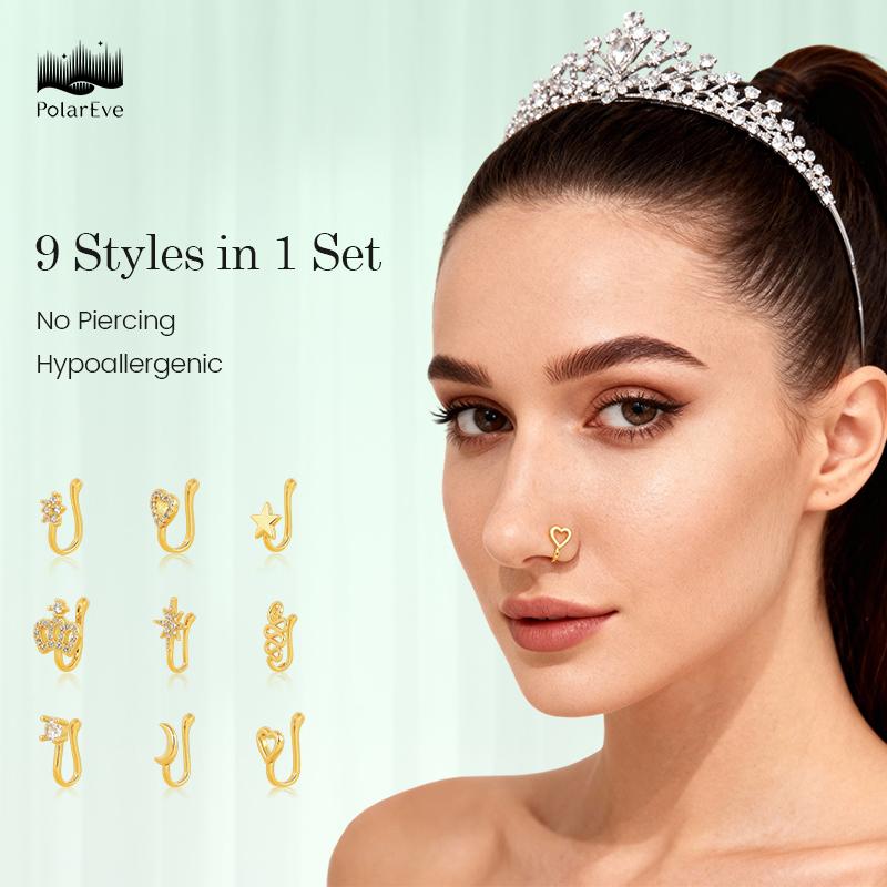 PolarEve 9pcs Non-Piercing Copper Nose Rings U Star Love Crown Zirconia Shapes Punk Rhinestone Clip-On Gold Nose Protection Bracelet Adjustable Jewelry Unisex